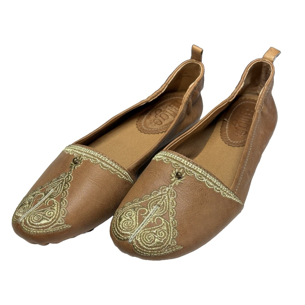 Anthropologie LATIGO Women Bonzai Leather Flats Embroidered Shoes Sz 8M Tan S-9